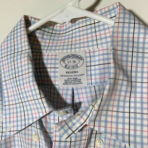 XL Brooks Brothers Regent Supima Cotton plaid Button Up White Blue mens preppy
